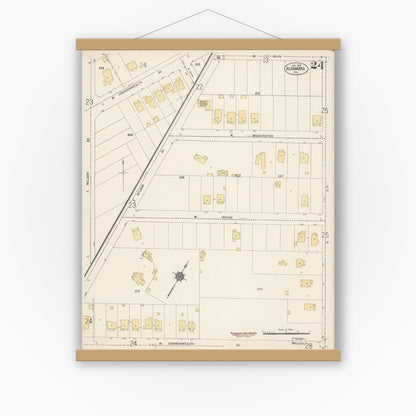 Old map wall art mockup — magnetic wood frame on white wall — Sanborn Fire Insurance Map from Alhambra, Los Angeles County, California (1912), Sheet #0024
