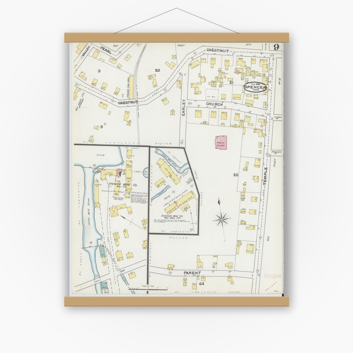 Old map wall art mockup — magnetic wood frame on white wall — Sanborn Fire Insurance Map from Spencer, Worcester County, Massachusetts (1892), Sheet #0009