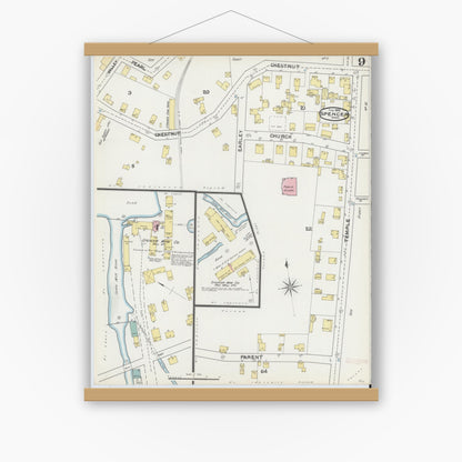 Old map wall art mockup — magnetic wood frame on white wall — Sanborn Fire Insurance Map from Spencer, Worcester County, Massachusetts (1892), Sheet #0009