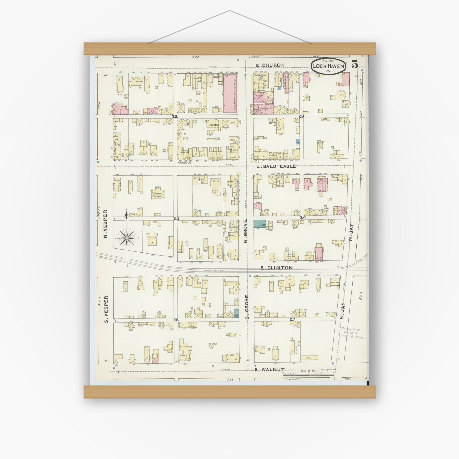 Old map wall art mockup — magnetic wood frame on white wall — Sanborn Fire Insurance Map from Lock Haven, Clinton County, Pennsylvania (1891), Sheet #0005