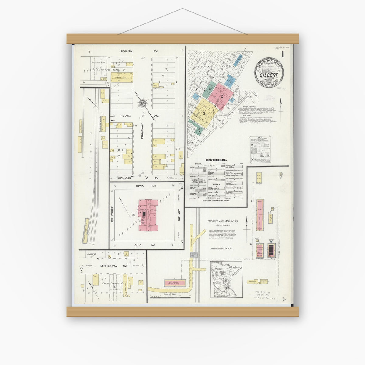 Old map wall art mockup — magnetic wood frame on white wall — Sanborn Fire Insurance Map from Gilbert, Saint Louis County, Minnesota (1912) - Complete Map Set
