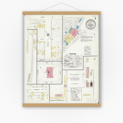Old map wall art mockup — magnetic wood frame on white wall — Sanborn Fire Insurance Map from Gilbert, Saint Louis County, Minnesota (1912) - Complete Map Set