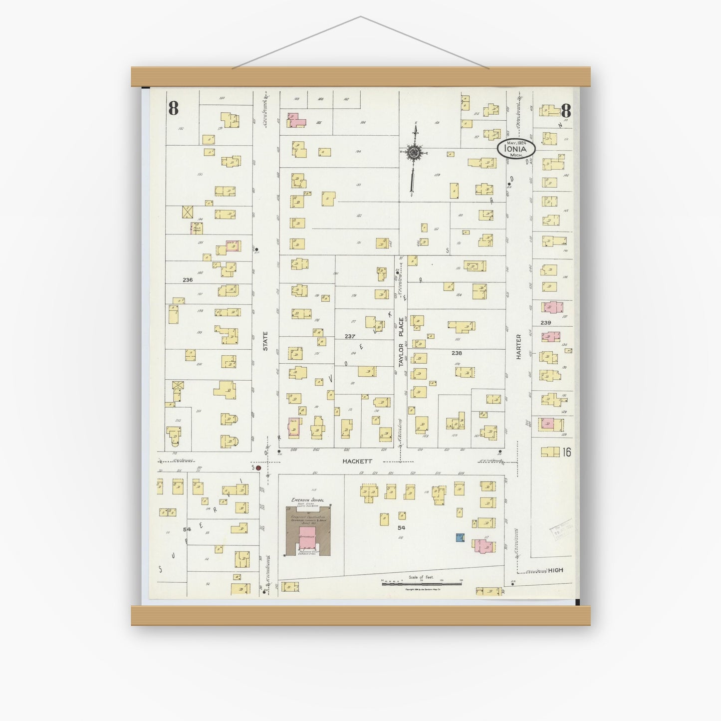 Old map wall art mockup — magnetic wood frame on white wall — Sanborn Fire Insurance Map from Ionia, Ionia County, Michigan (1924), Sheet #0008