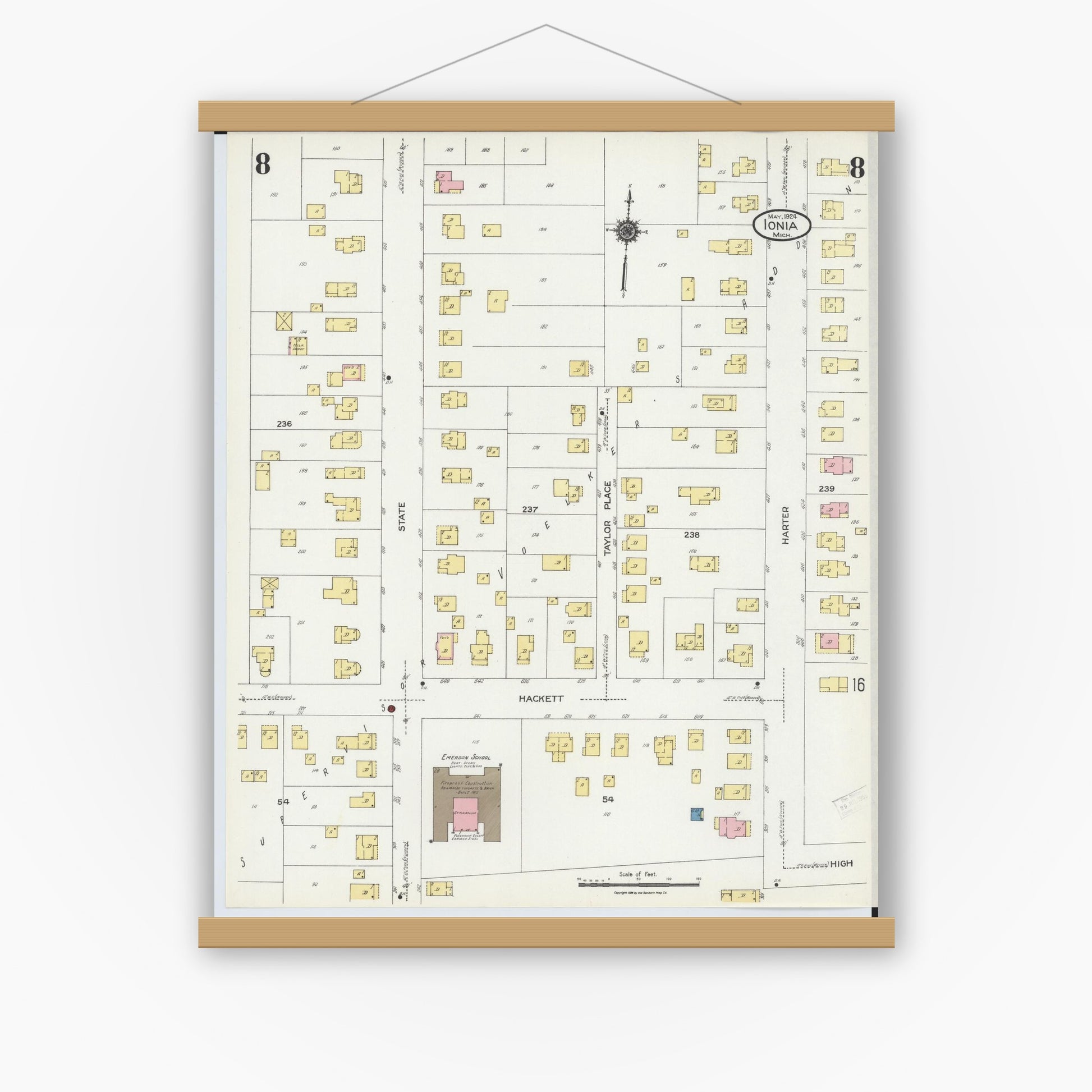 Old map wall art mockup — magnetic wood frame on white wall — Sanborn Fire Insurance Map from Ionia, Ionia County, Michigan (1924), Sheet #0008