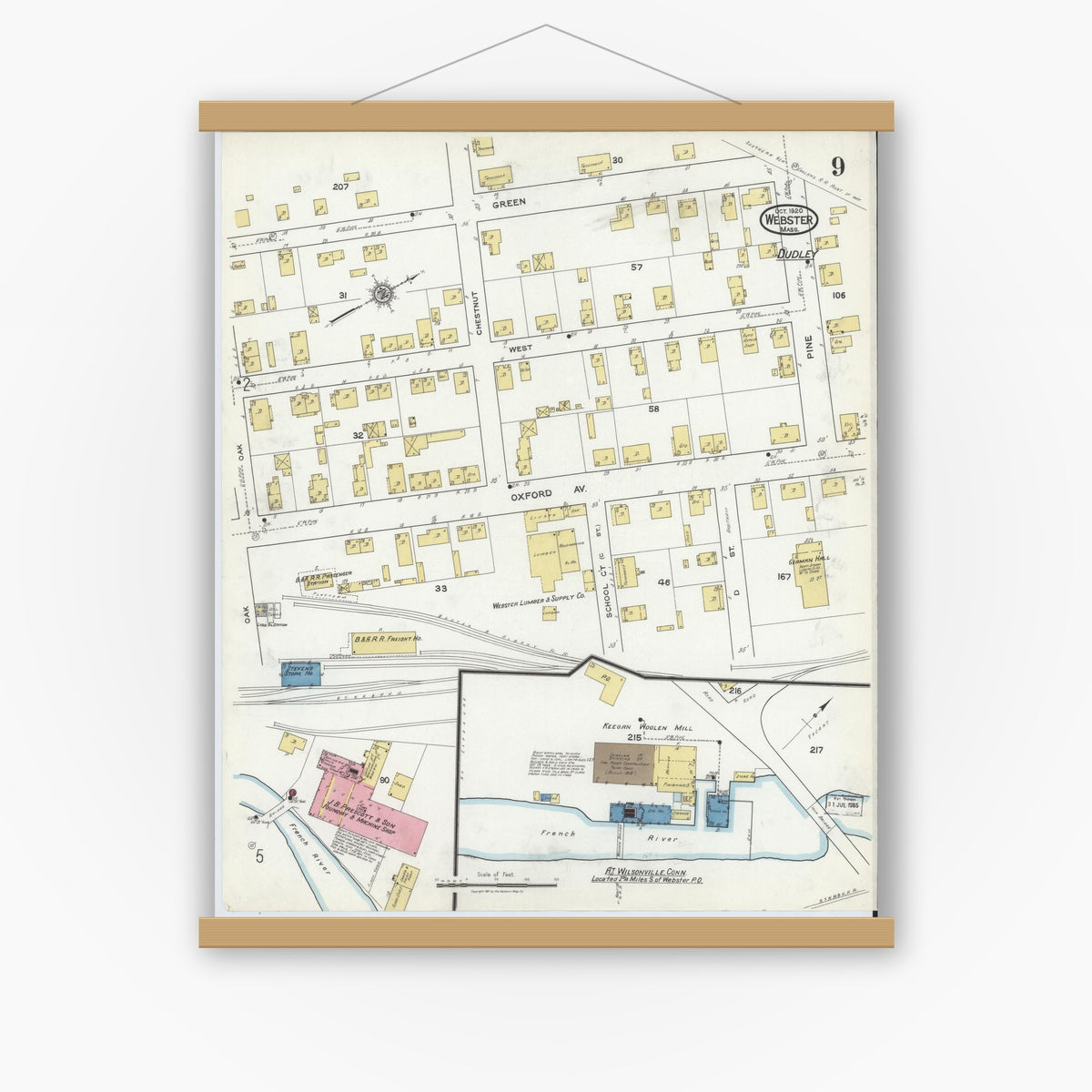 Old map wall art mockup — magnetic wood frame on white wall — Sanborn Fire Insurance Map from Webster, Worcester County, Massachusetts (1920), Sheet #0009