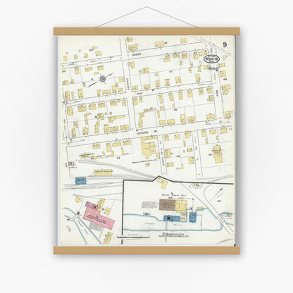 Old map wall art mockup — magnetic wood frame on white wall — Sanborn Fire Insurance Map from Webster, Worcester County, Massachusetts (1920), Sheet #0009