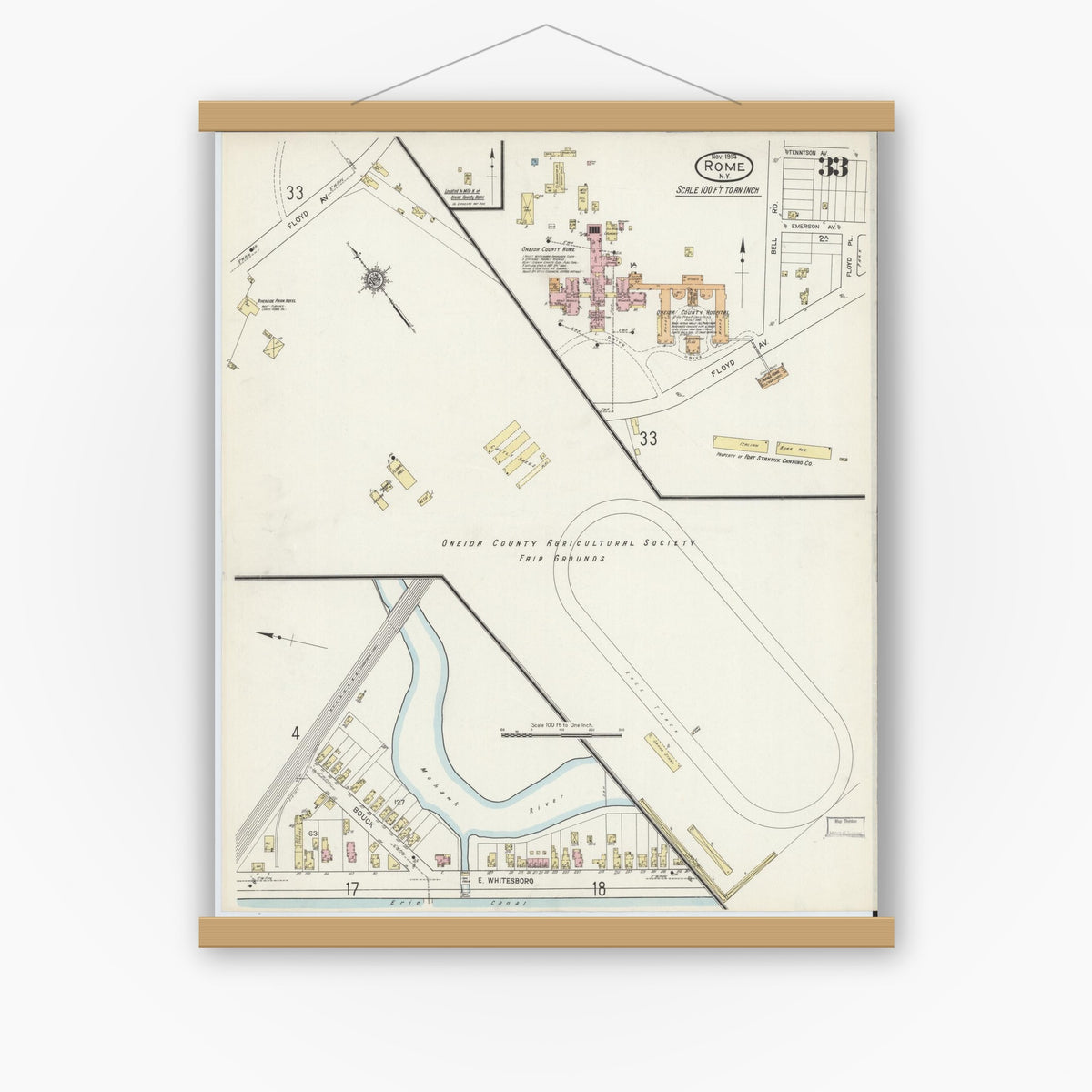 Old map wall art mockup — magnetic wood frame on white wall — Sanborn Fire Insurance Map from Rome, Oneida County, New York (1914), Sheet #0033
