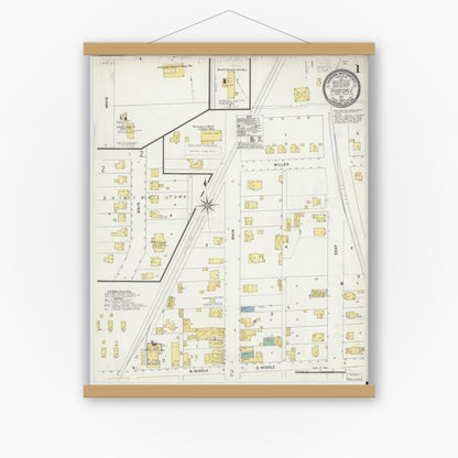 Old map wall art mockup — magnetic wood frame on white wall — Sanborn Fire Insurance Map from Rosedale, Parke County, Indiana (1907), Sheet #0001