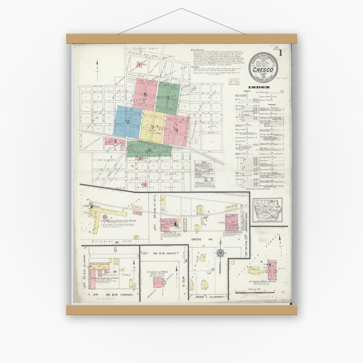 Old map wall art mockup — magnetic wood frame on white wall — Sanborn Fire Insurance Map from Cresco, Howard County, Iowa (1914) â€” Complete Set