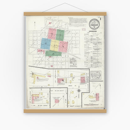 Old map wall art mockup — magnetic wood frame on white wall — Sanborn Fire Insurance Map from Cresco, Howard County, Iowa (1914) â€” Complete Set
