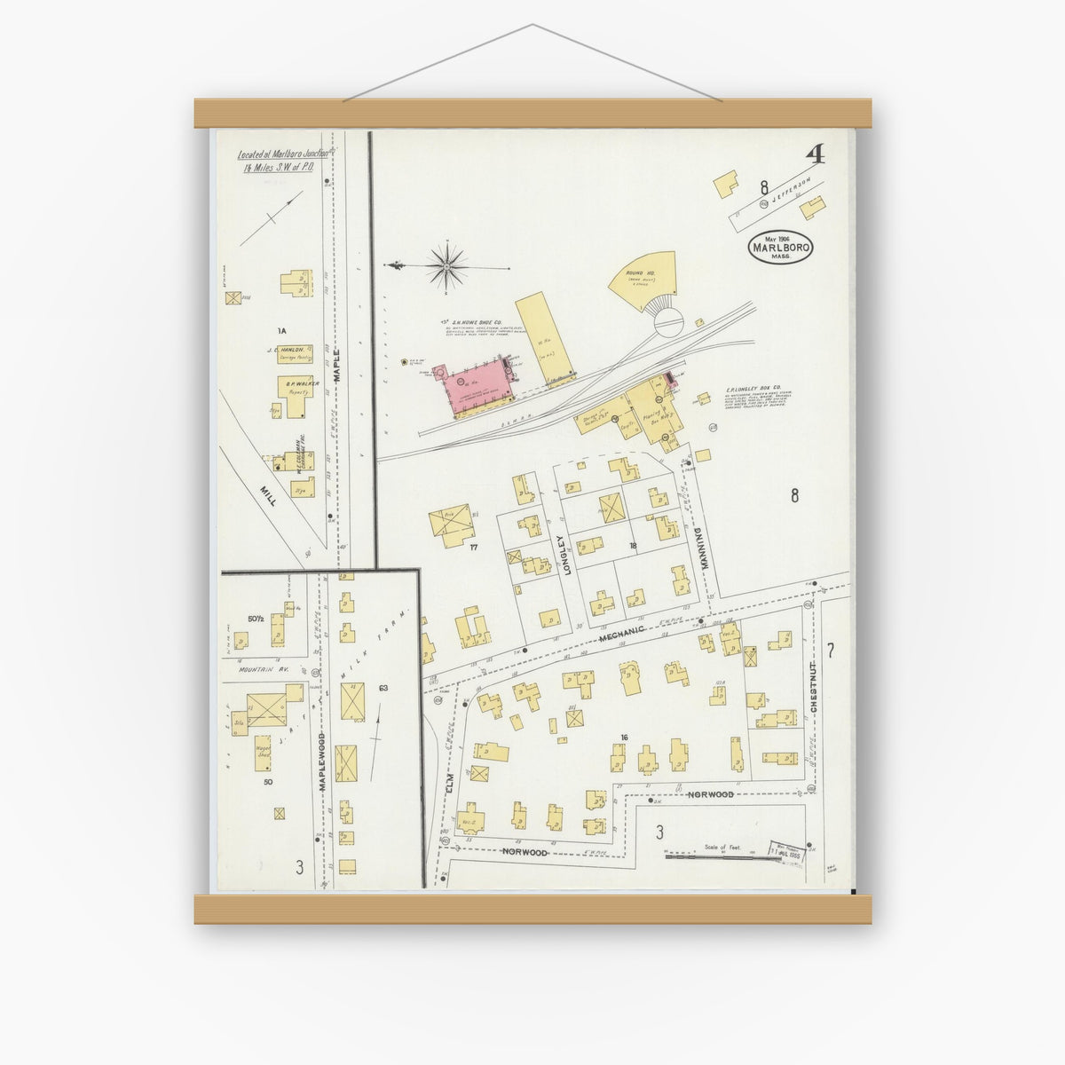 Old map wall art mockup — magnetic wood frame on white wall — Sanborn Fire Insurance Map from Marlborough, Middlesex County, Massachusetts (1906), Sheet #0004