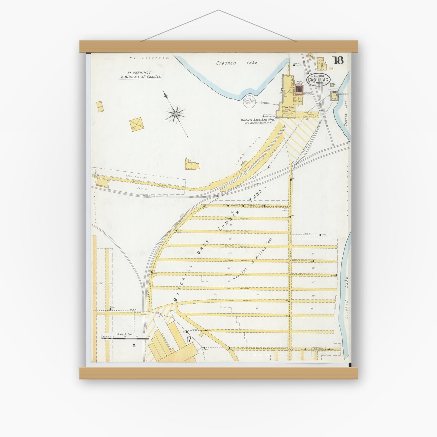 Old map wall art mockup — magnetic wood frame on white wall — Sanborn Fire Insurance Map from Cadillac, Wexford County, Michigan (1900), Sheet #0018
