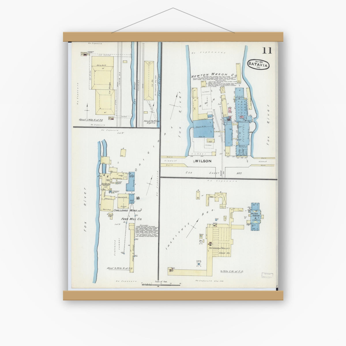 Old map wall art mockup — magnetic wood frame on white wall — Sanborn Fire Insurance Map from Batavia, Kane County, Illinois (1891), Sheet #0011