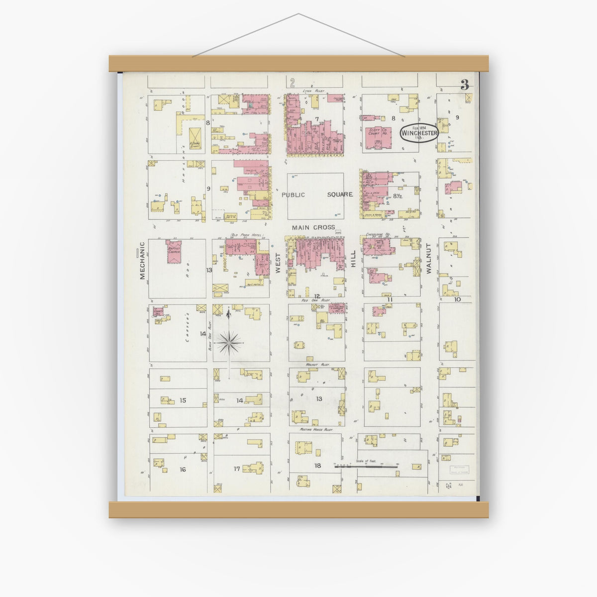 Old map wall art mockup — magnetic wood frame on white wall — Sanborn Fire Insurance Map from Winchester, Scott County, Illinois (1894), Sheet #0003