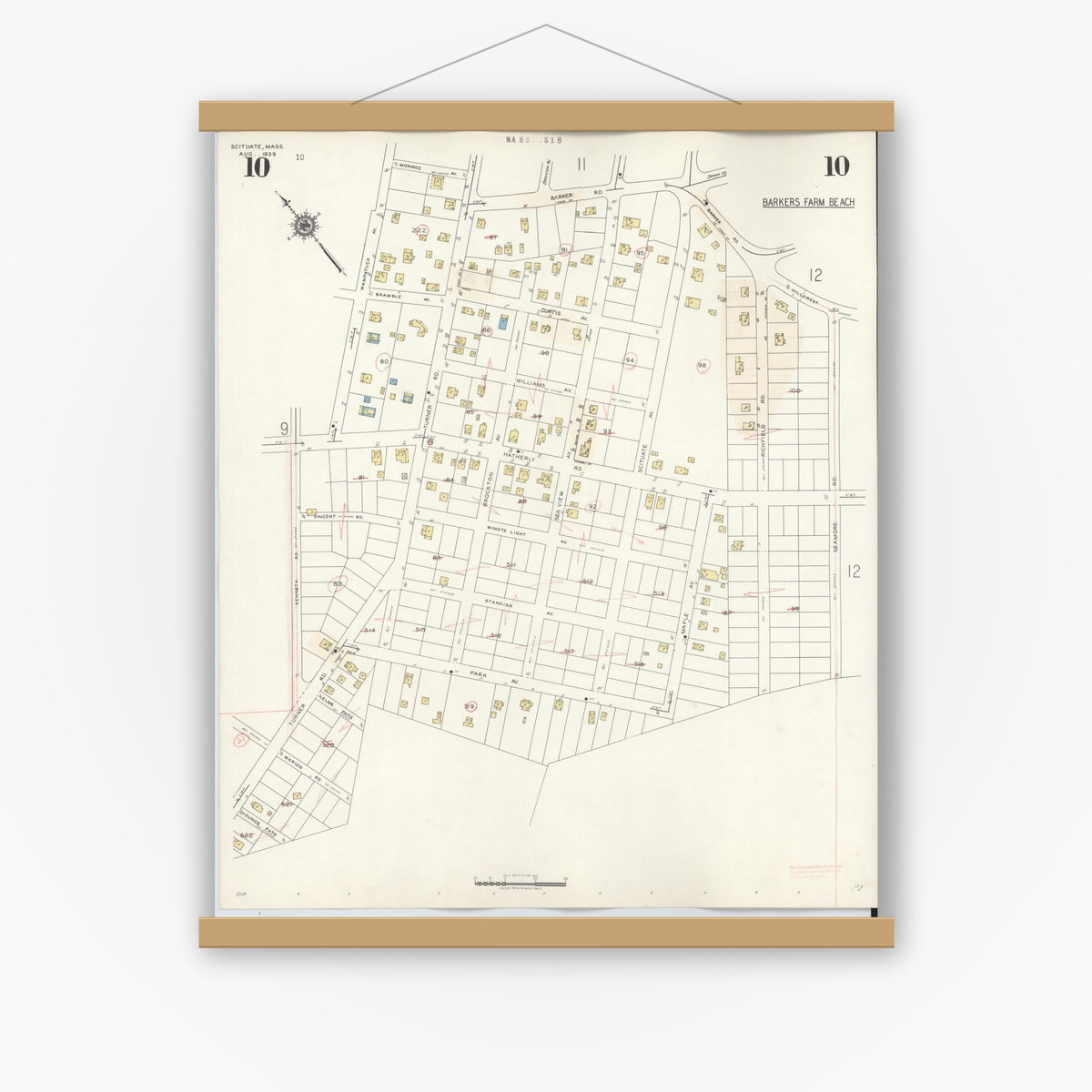 Old map wall art mockup — magnetic wood frame on white wall — Sanborn Fire Insurance Map from Scituate, Plymouth County, Massachusetts (1944), Sheet #0010