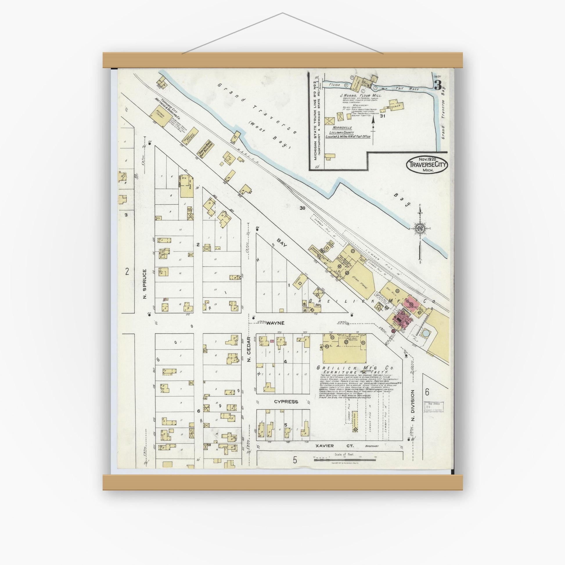 Old map wall art mockup — magnetic wood frame on white wall — Sanborn Fire Insurance Map from Traverse City, Grand Traverse County, Michigan (1920), Sheet #0003