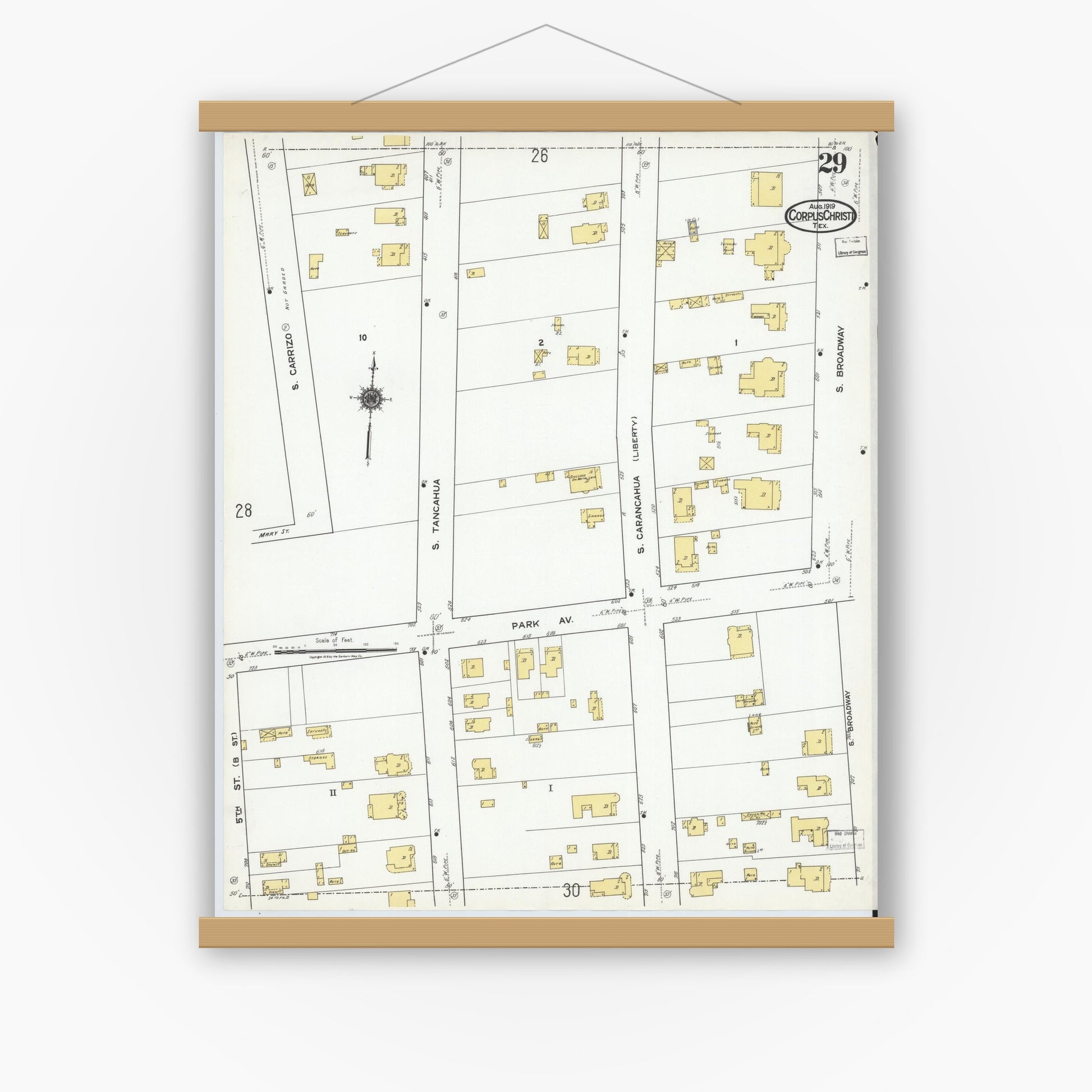 Old map wall art mockup — magnetic wood frame on white wall — Sanborn Fire Insurance Map from Corpus Christi, Nueces County, Texas (1919), Sheet #0029