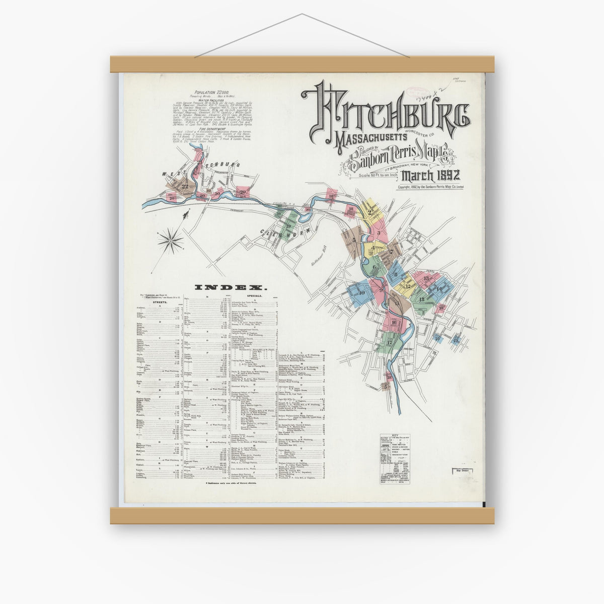 Old map wall art mockup — magnetic wood frame on white wall — Sanborn Fire Insurance Map from Fitchburg, Worcester County, Massachusetts (1892) - Complete Map Set