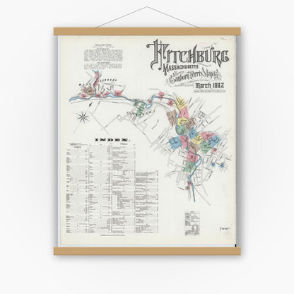 Old map wall art mockup — magnetic wood frame on white wall — Sanborn Fire Insurance Map from Fitchburg, Worcester County, Massachusetts (1892) - Complete Map Set