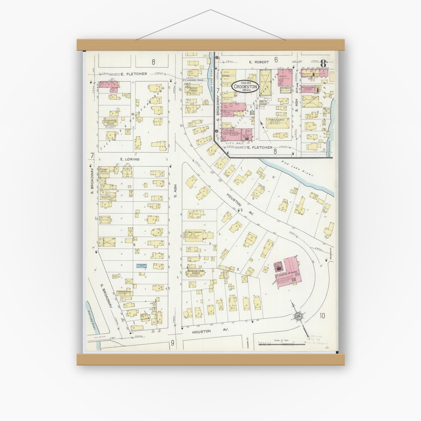 Old map wall art mockup — magnetic wood frame on white wall — Sanborn Fire Insurance Map from Crookston, Polk County, Minnesota (1913), Sheet #0008
