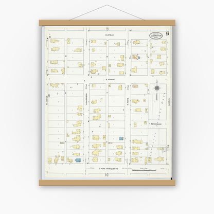 Old map wall art mockup — magnetic wood frame on white wall — Sanborn Fire Insurance Map from Ludington, Mason County, Michigan (1910), Sheet #0006