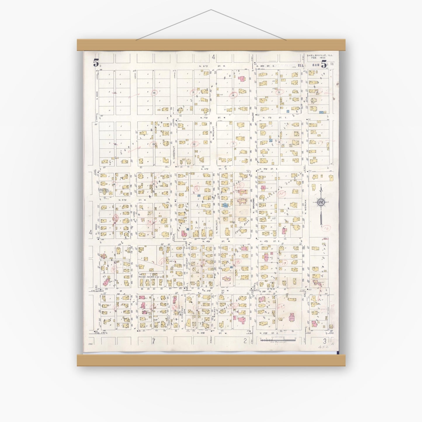 Old map wall art mockup — magnetic wood frame on white wall — Sanborn Fire Insurance Map from Shelbyville, Shelby County, Illinois (1941), Sheet #0005