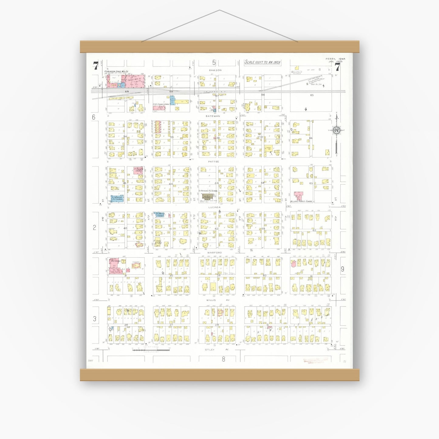 Old map wall art mockup — magnetic wood frame on white wall — Sanborn Fire Insurance Map from Perry, Dallas County, Iowa (1933), Sheet #0007