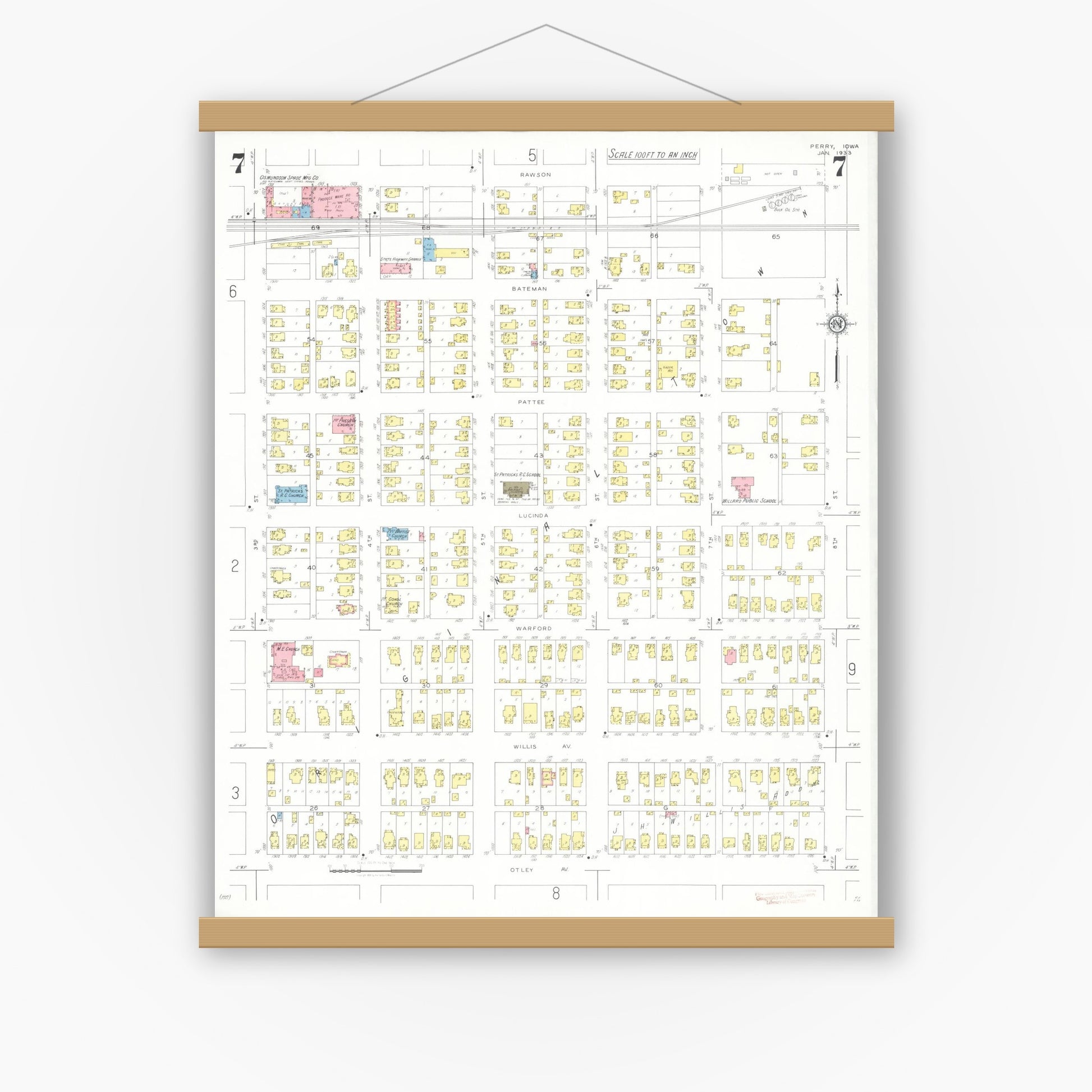 Old map wall art mockup — magnetic wood frame on white wall — Sanborn Fire Insurance Map from Perry, Dallas County, Iowa (1933), Sheet #0007