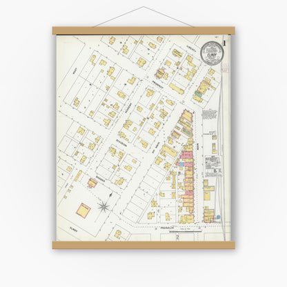 Old map wall art mockup — magnetic wood frame on white wall — Sanborn Fire Insurance Map from Elroy, Juneau County, Wisconsin (1904), Sheet #0001