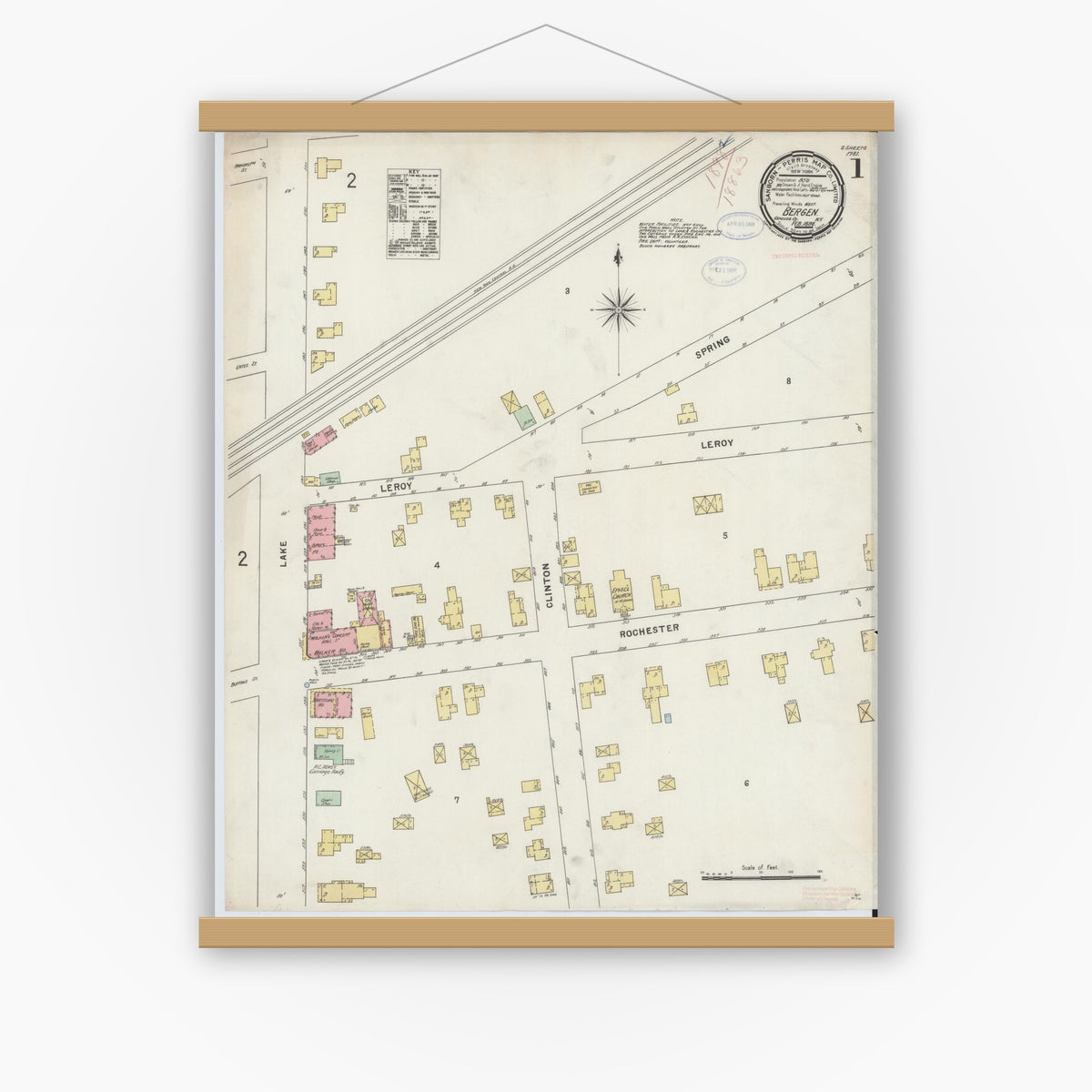 Old map wall art mockup — magnetic wood frame on white wall — Sanborn Fire Insurance Map from Bergen, Genesee County, New York (1898) - Complete Map Set
