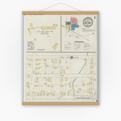 Old map wall art mockup — magnetic wood frame on white wall — Sanborn Fire Insurance Map from New Paris, Preble County, Ohio (1911), Sheet #0001