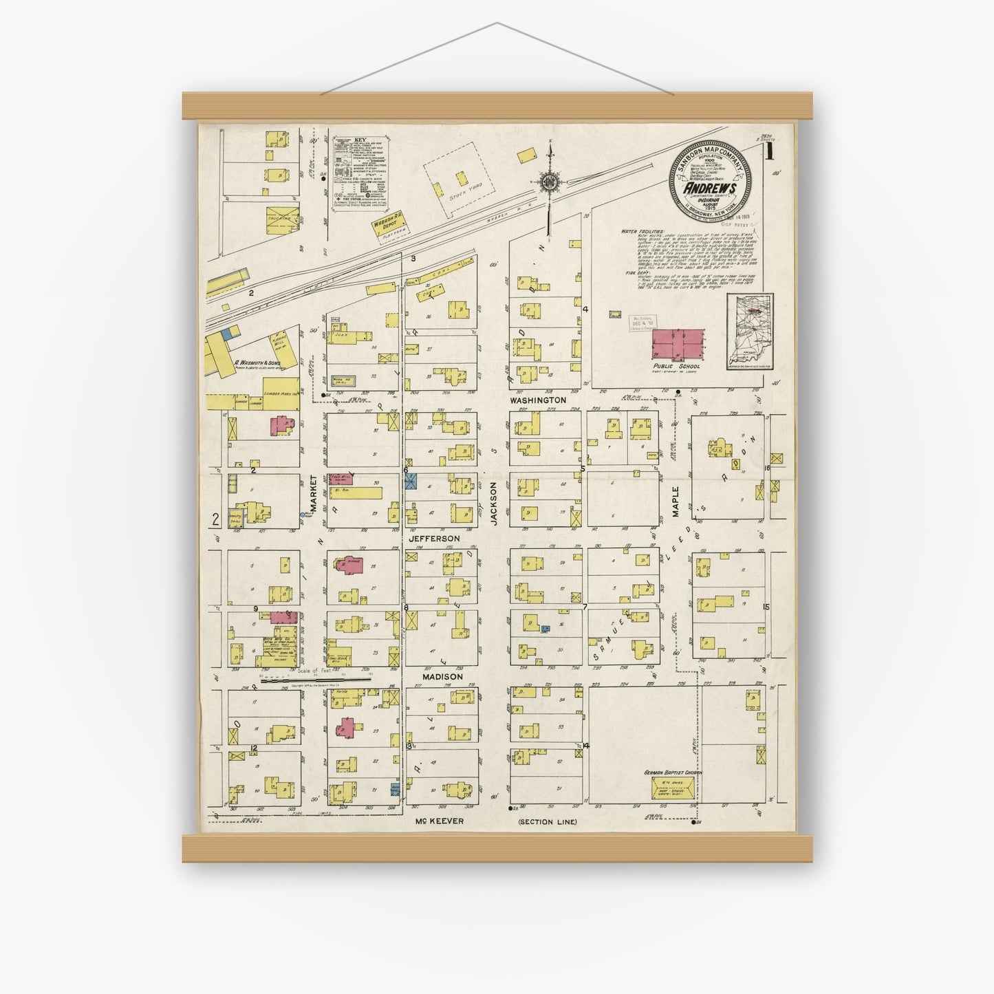 Old map wall art mockup — magnetic wood frame on white wall — Sanborn Fire Insurance Map from Andrews, Huntington County, Indiana (1919), Sheet #0001