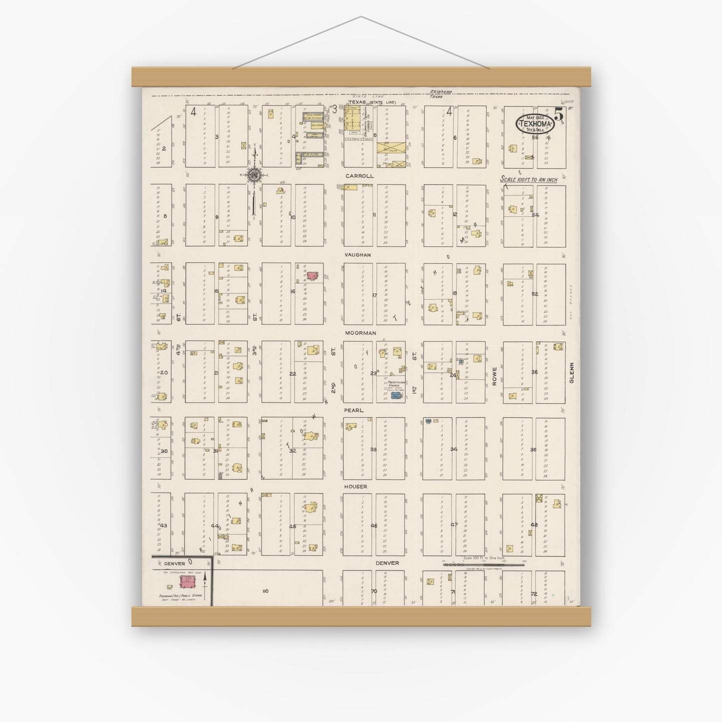 Old map wall art mockup — magnetic wood frame on white wall — Sanborn Fire Insurance Map from Texhoma, Texas County, Oklahoma and Sherman County, Texas, Texas (1922), Sheet #0005