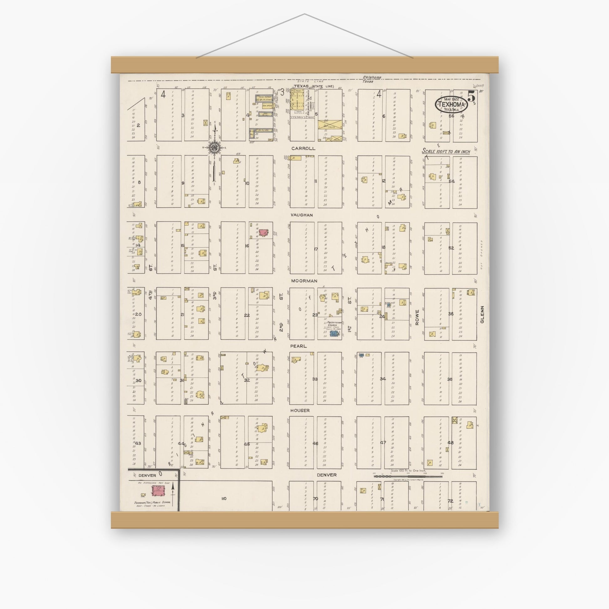 Old map wall art mockup — magnetic wood frame on white wall — Sanborn Fire Insurance Map from Texhoma, Texas County, Oklahoma and Sherman County, Texas, Texas (1922), Sheet #0005