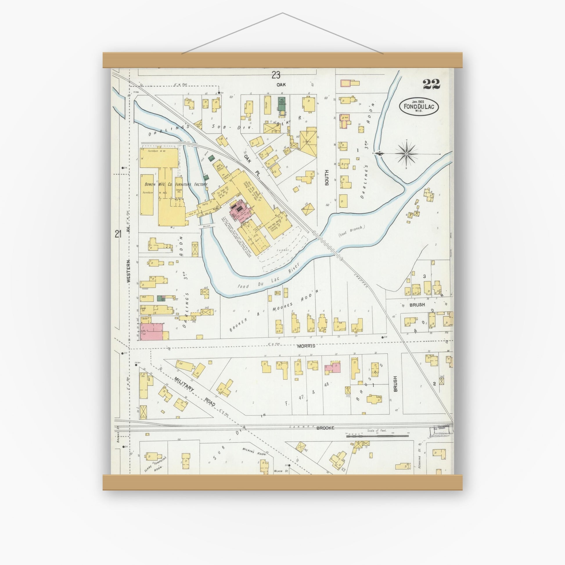 Old map wall art mockup — magnetic wood frame on white wall — Sanborn Fire Insurance Map from Fond du Lac, Fond du Lac County, Wisconsin (1902), Sheet #0022