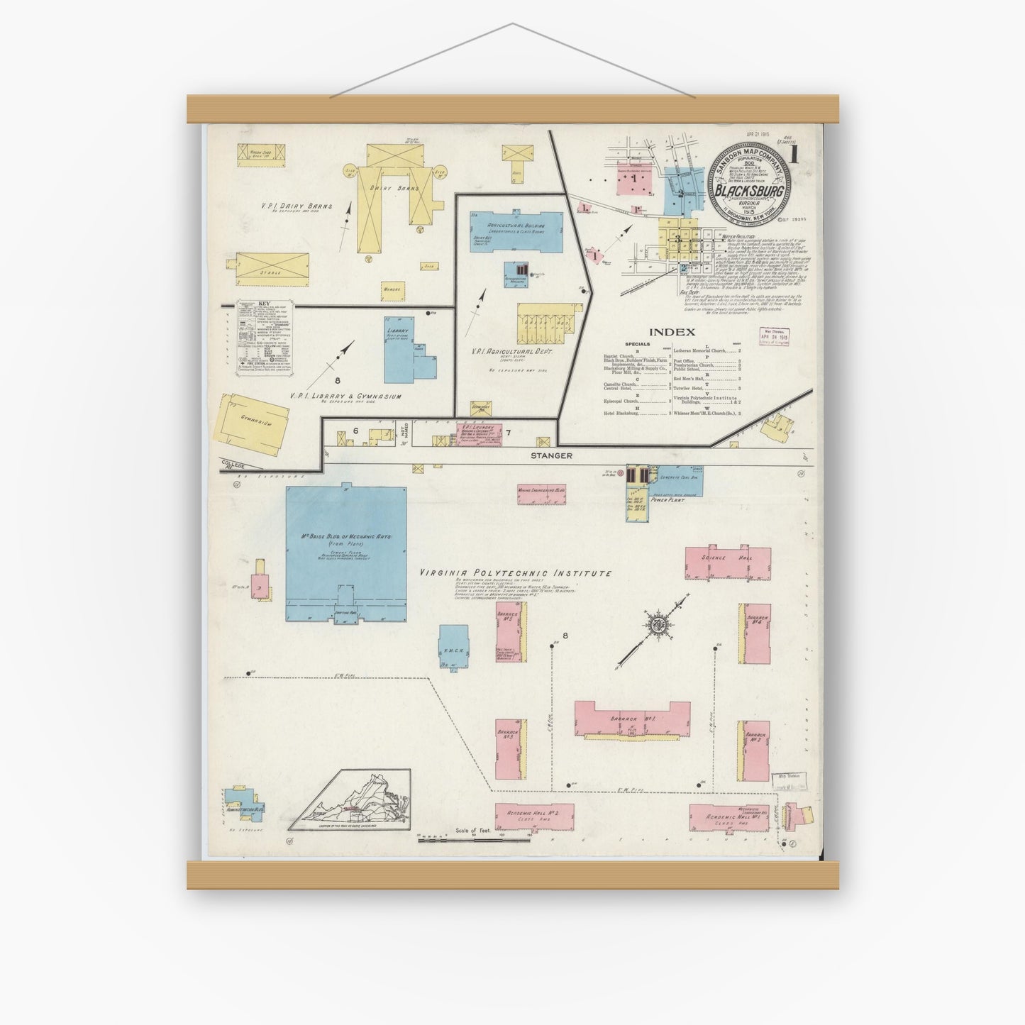 Old map wall art mockup — magnetic wood frame on white wall — Sanborn Fire Insurance Map from Blacksburg, Montgomery County, Virginia (1915), Sheet #0001