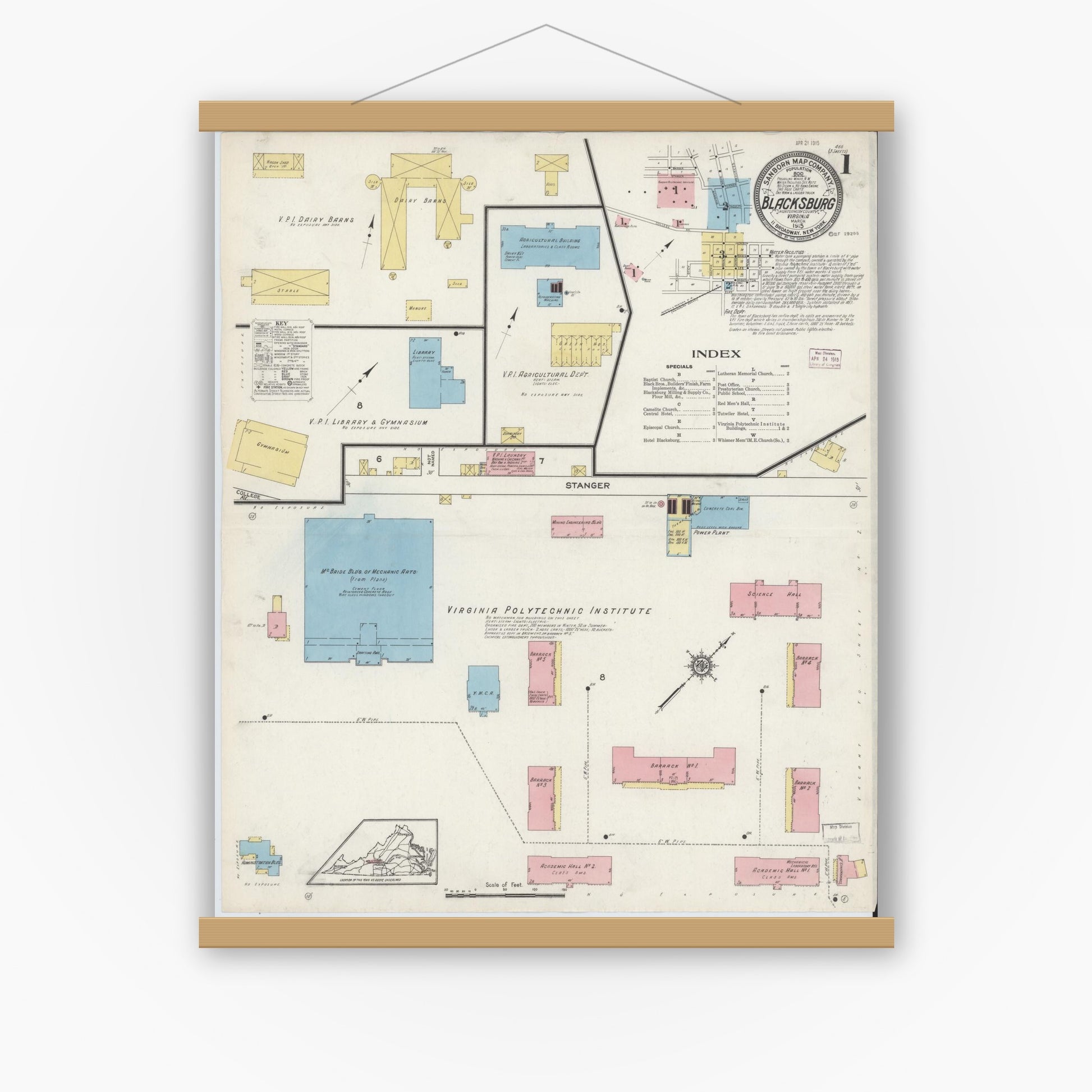 Old map wall art mockup — magnetic wood frame on white wall — Sanborn Fire Insurance Map from Blacksburg, Montgomery County, Virginia (1915), Sheet #0001