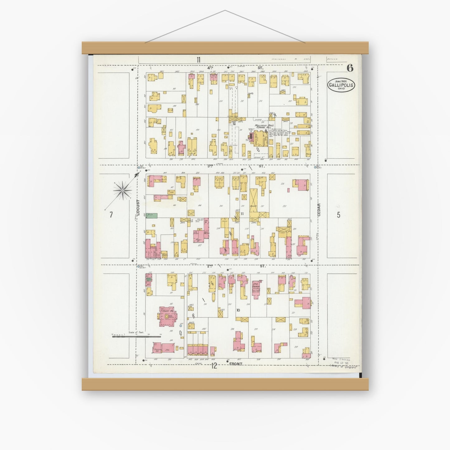 Old map wall art mockup — magnetic wood frame on white wall — Sanborn Fire Insurance Map from Gallipolis, Gallia County, Ohio (1900), Sheet #0006