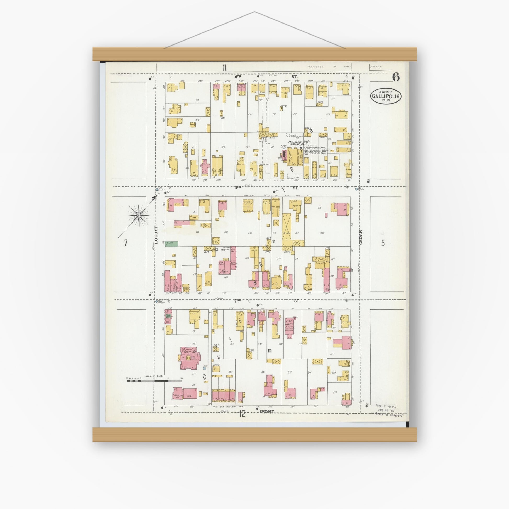 Old map wall art mockup — magnetic wood frame on white wall — Sanborn Fire Insurance Map from Gallipolis, Gallia County, Ohio (1900), Sheet #0006