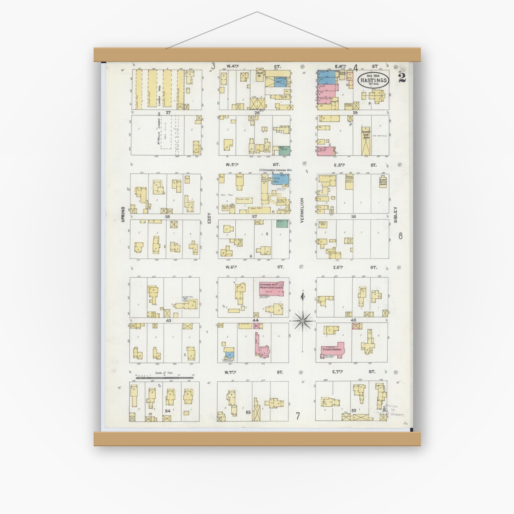 Old map wall art mockup — magnetic wood frame on white wall — Sanborn Fire Insurance Map from Hastings, Dakota County, Minnesota (1904), Sheet #0002