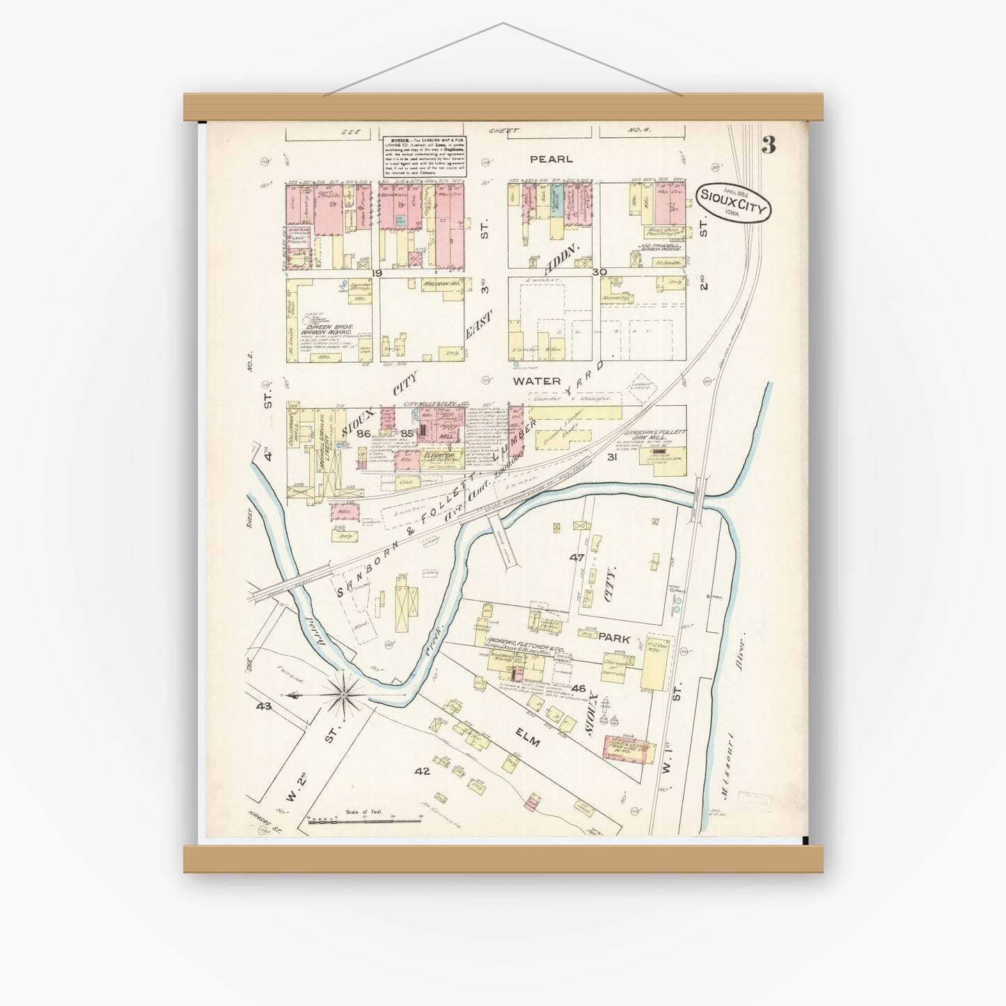 Old map wall art mockup — magnetic wood frame on white wall — Sanborn Fire Insurance Map from Sioux City, Woodbury County, Iowa (1884), Sheet #0003