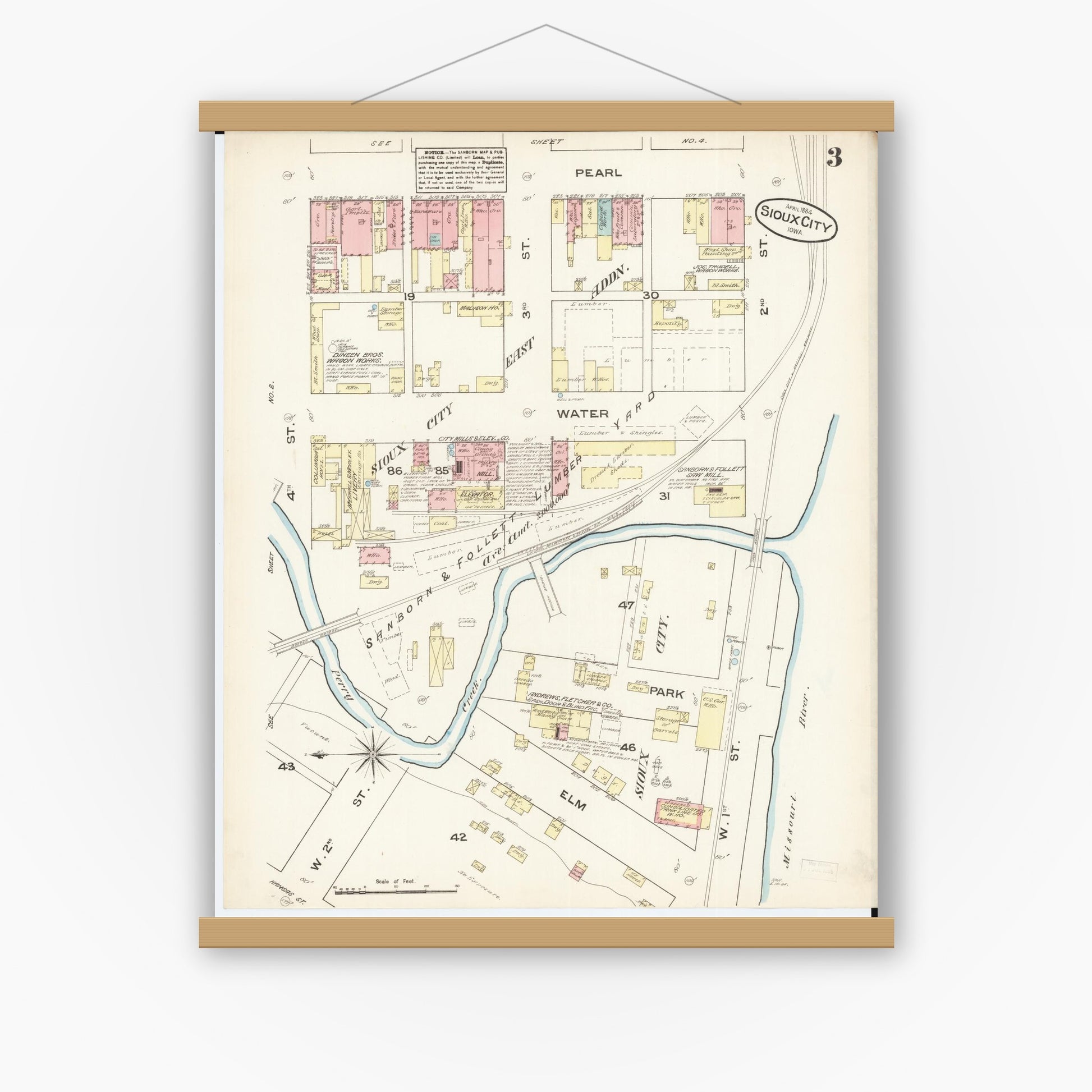 Old map wall art mockup — magnetic wood frame on white wall — Sanborn Fire Insurance Map from Sioux City, Woodbury County, Iowa (1884), Sheet #0003