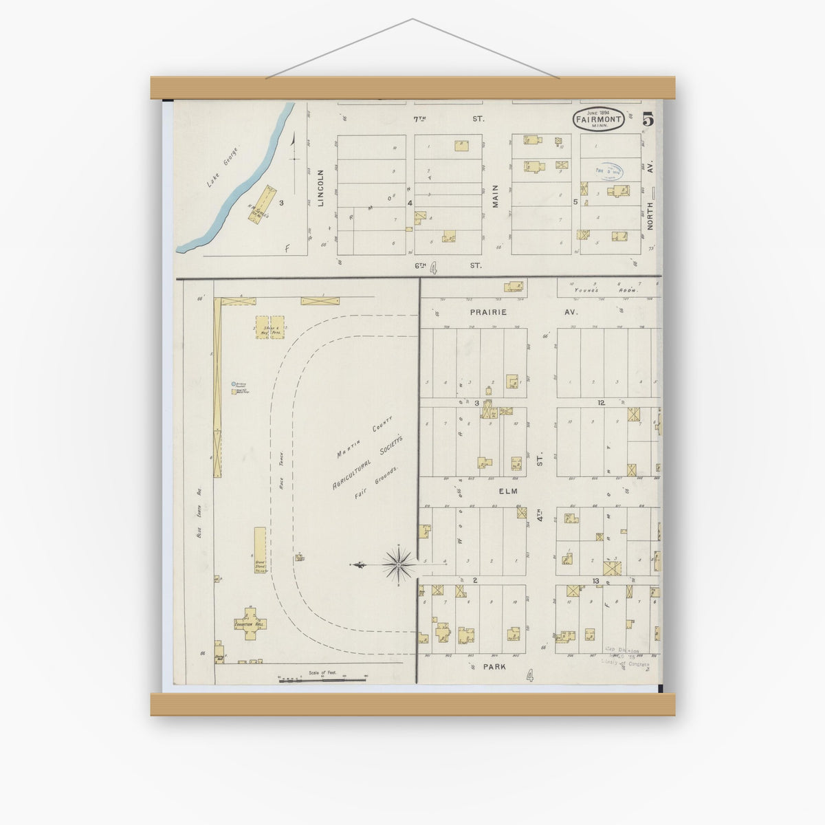 Old map wall art mockup — magnetic wood frame on white wall — Sanborn Fire Insurance Map from Fairmont, Martin County, Minnesota (1894), Sheet #0005
