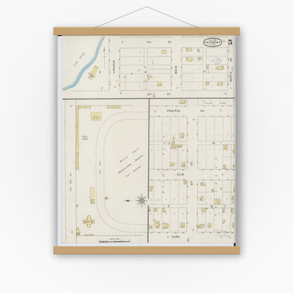 Old map wall art mockup — magnetic wood frame on white wall — Sanborn Fire Insurance Map from Fairmont, Martin County, Minnesota (1894), Sheet #0005