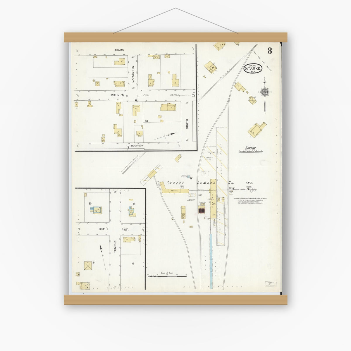 Old map wall art mockup — magnetic wood frame on white wall — Sanborn Fire Insurance Map from Starke, Bradford County, Florida (1912), Sheet #0008