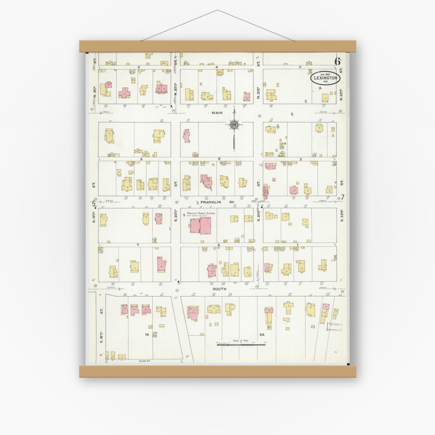 Old map wall art mockup — magnetic wood frame on white wall — Sanborn Fire Insurance Map from Lexington, Lafayette County, Missouri (1910), Sheet #0006