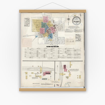 Old map wall art mockup — magnetic wood frame on white wall — Sanborn Fire Insurance Map from Bicknell, Knox County, Indiana (1946) - Complete Map Set