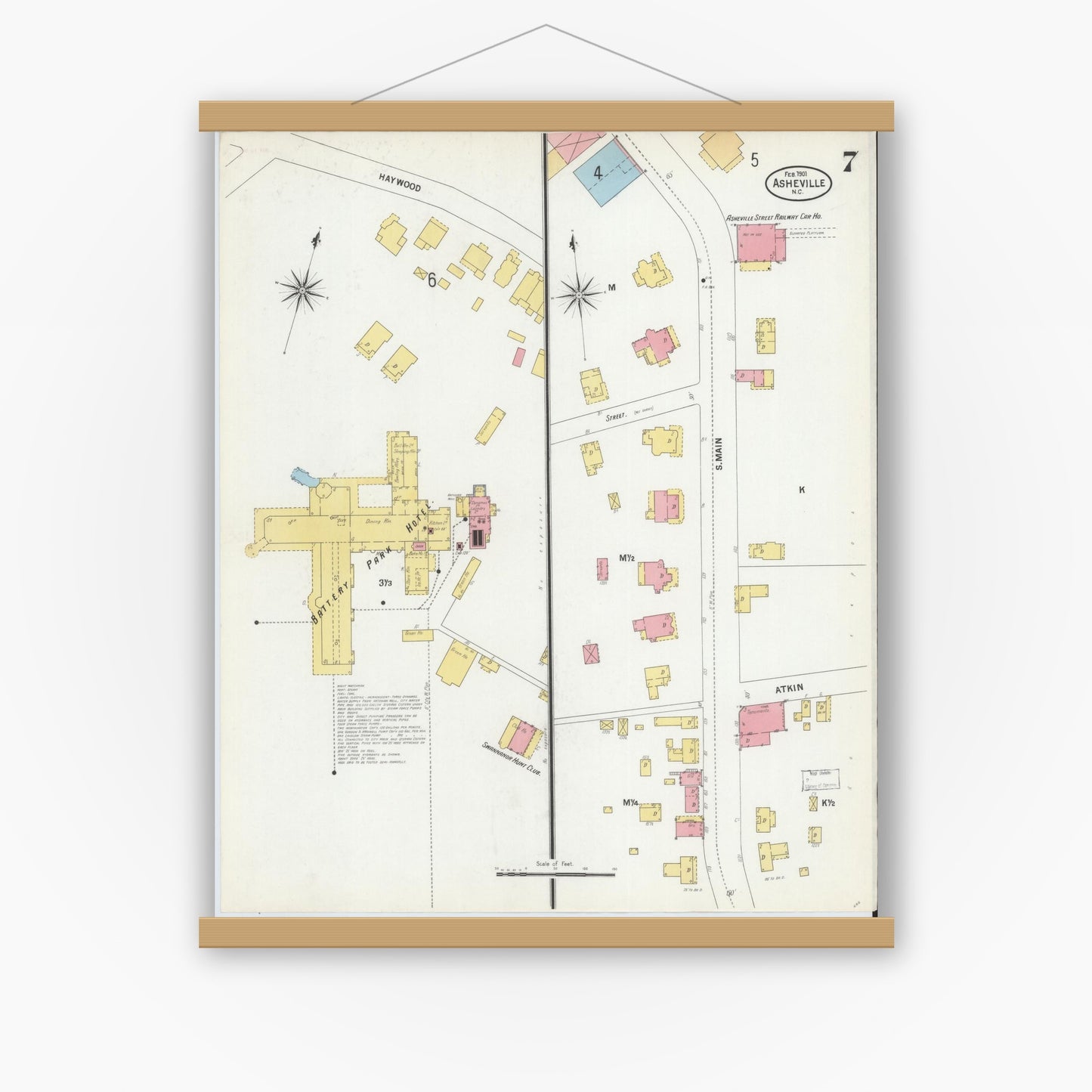 Old map wall art mockup — magnetic wood frame on white wall — Sanborn Fire Insurance Map from Asheville, Buncombe County, North Carolina (1901), Sheet #0007