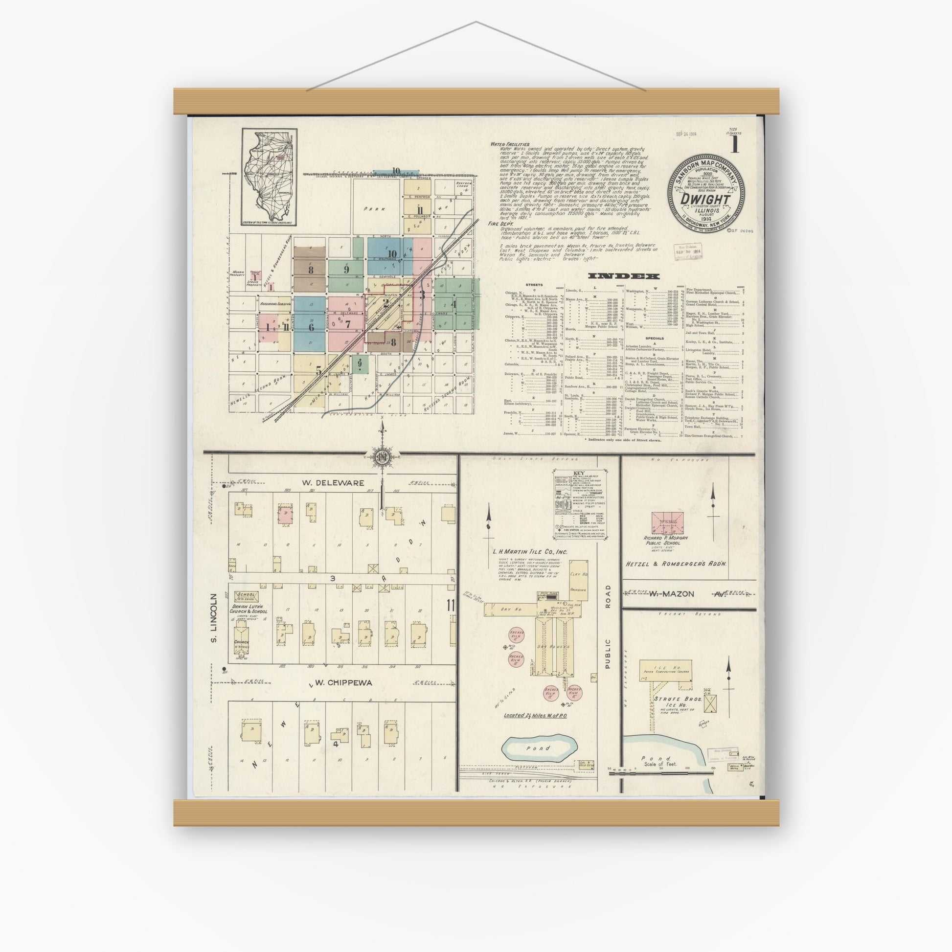 Old map wall art mockup — magnetic wood frame on white wall — Sanborn Fire Insurance Map from Dwight, Livingston County, Illinois (1914) - Complete Map Set