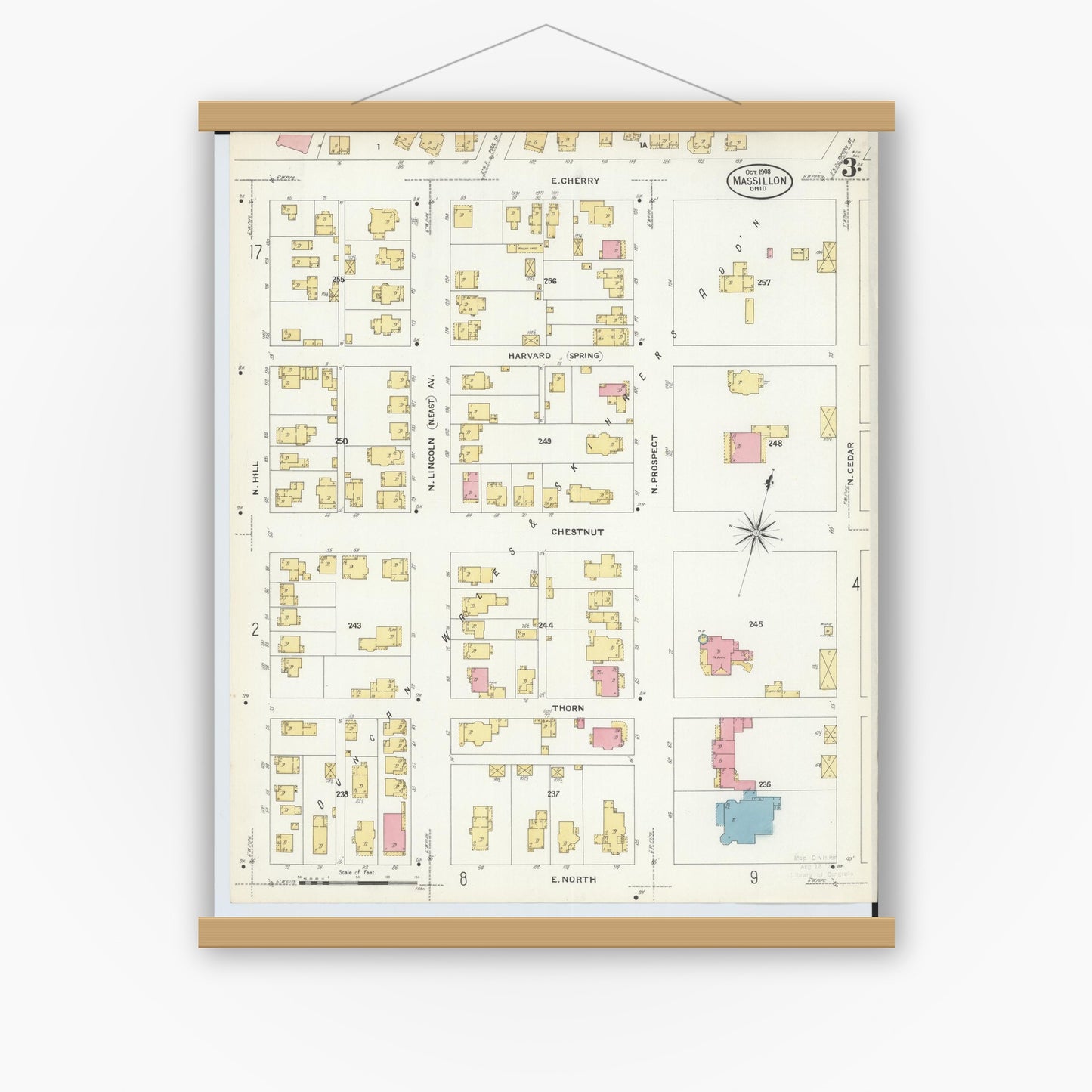 Old map wall art mockup — magnetic wood frame on white wall — Sanborn Fire Insurance Map from Massillon, Stark County, Ohio (1908), Sheet #0003